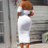 Solid White Ruched Mini Dress Off Shoulder Party Dress Elegant Office Ladies Formal Celebrate Bodycon Midi Dresses